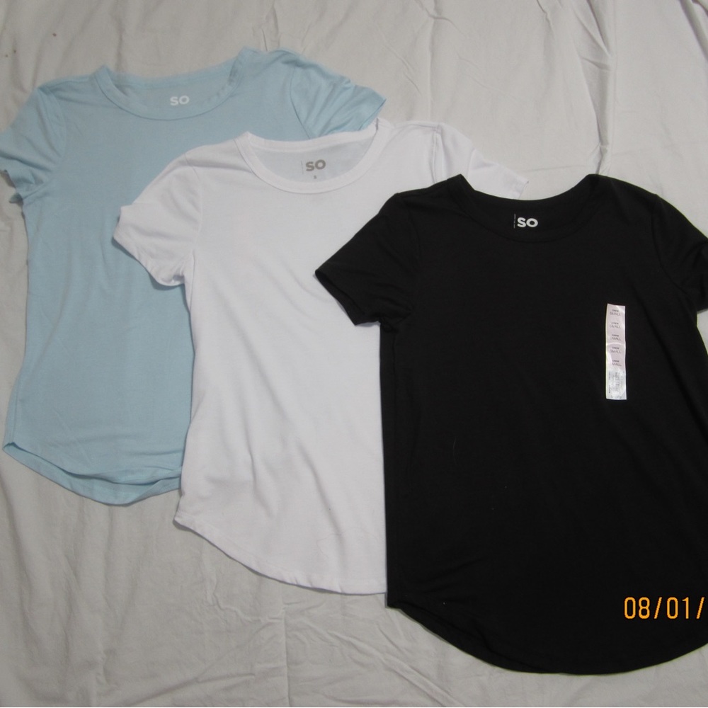 Three SO t-shirts all size small! Light Blue, black and white!